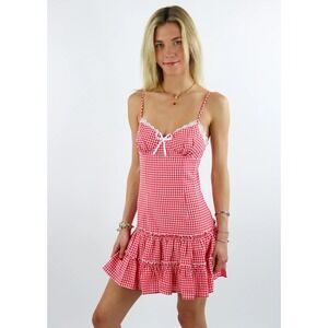 NWT Isabelle's Cabinet Gingham Lace-Trim Tiered Mini Dress Red Women L
